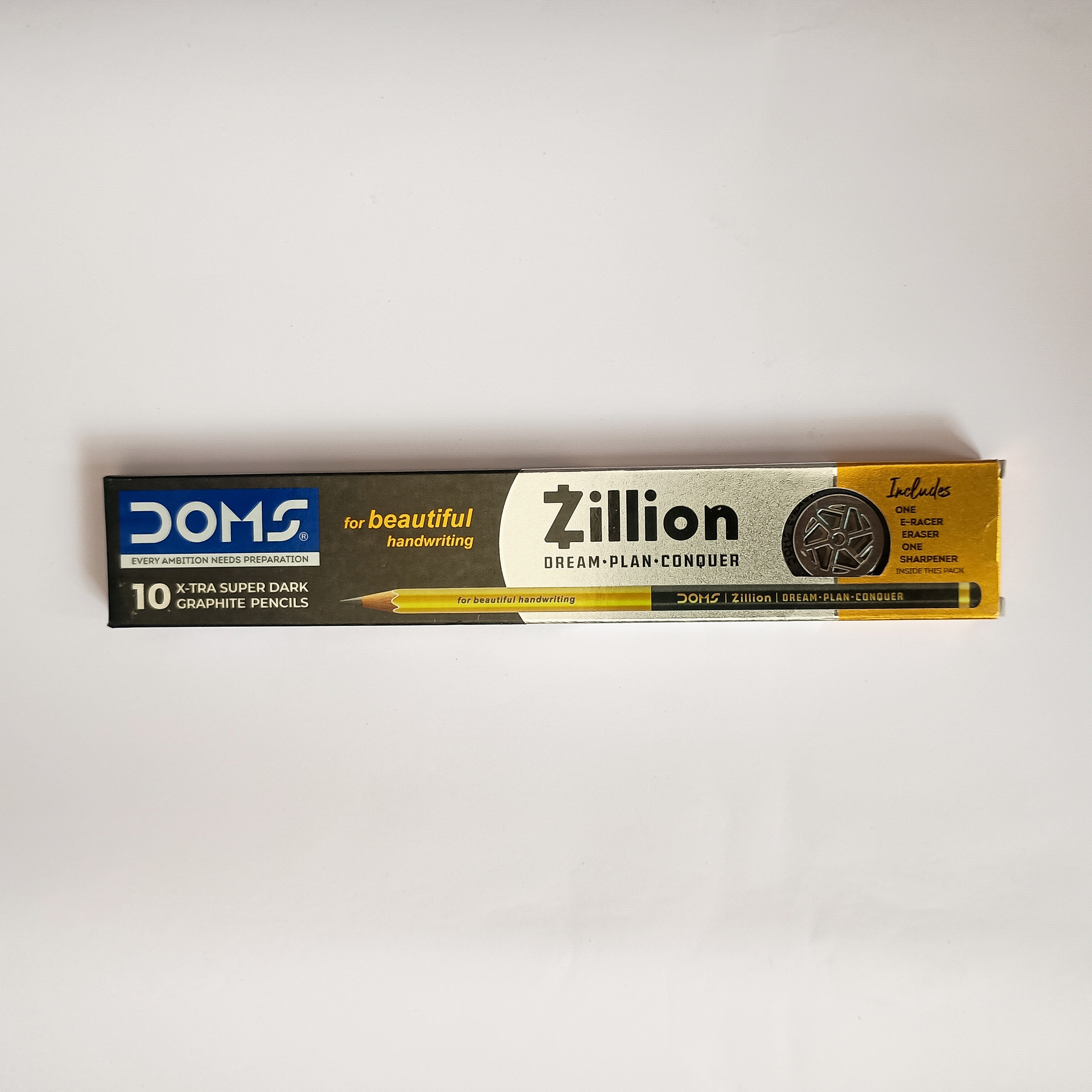 Doms Zillion Pencil | Extra Dark | Free Wheel Eraser & Sharpener | 10 Pieces Pack